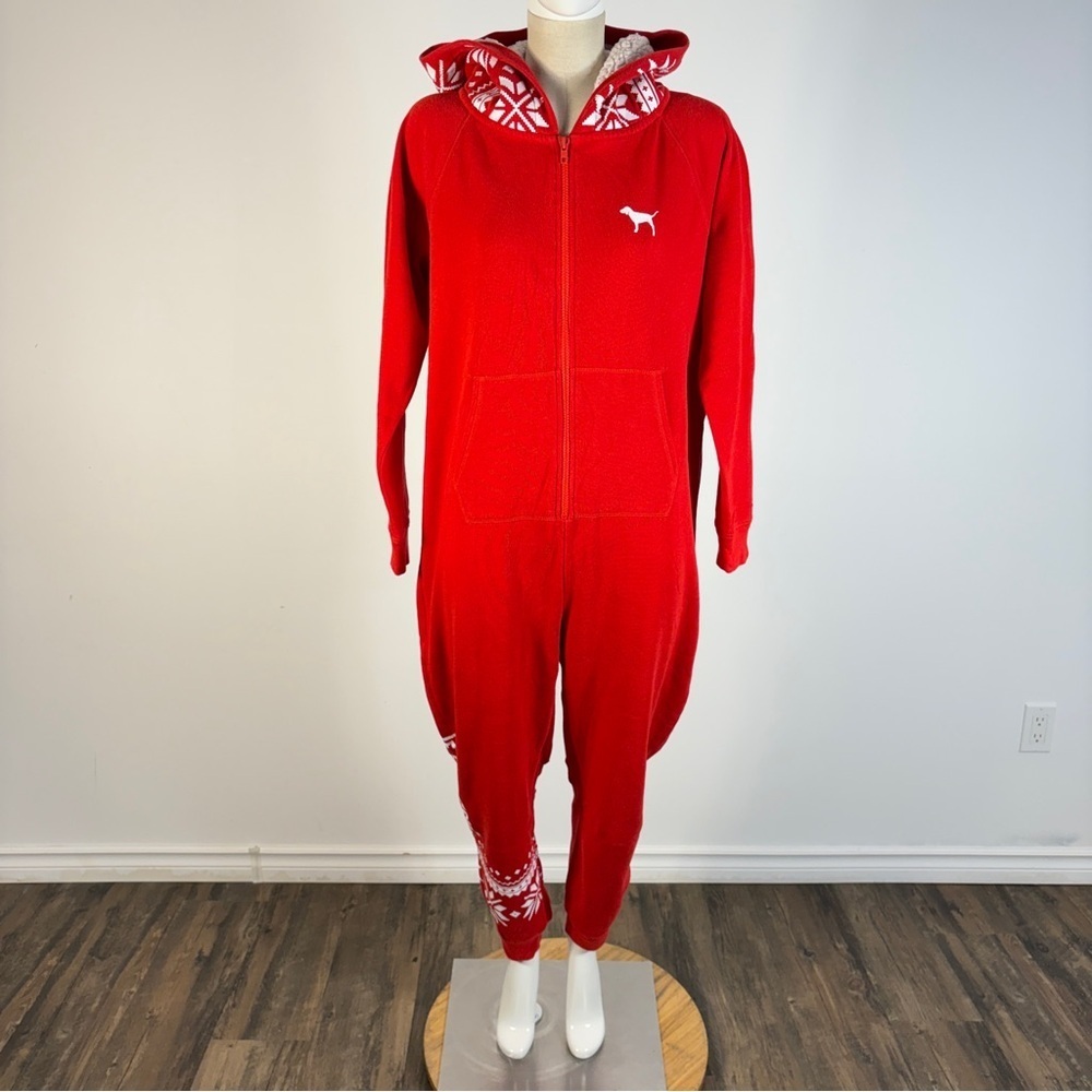❤️PINK Victoria's Secret Red Sherpa Lined Hooded Onesie Pajama Jumpsuit M